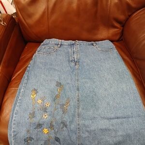 Christofer Banks Denim Midi Skirt with Gold Floral Embroidery - Blue